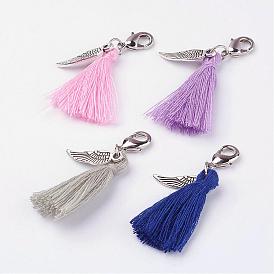 Cotton Thread Tassel Pendant Decorations, with Tibetan Style Pendants and Brass Lobster Claw Clasps