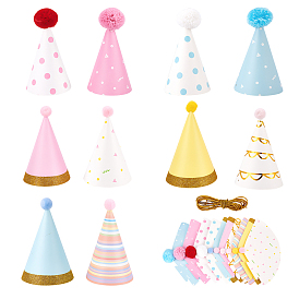 20Sets 10 Style Paper Pompon Party Hats, with Polyester and Iron Rope, Birthday Gifts, for Girl Birthday Party Supplies