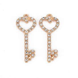 Alloy Pendants, with Crystal Rhinestone, Key