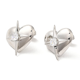 Rack Plating Brass Heart with Star Stud Earrings with Clear Cubic Zirconia Earring for Women, Lead Free & Cadmium Free