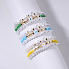 Colorful Multi-Layered Heart Pearl Bracelet Set with Elastic Mix Beads