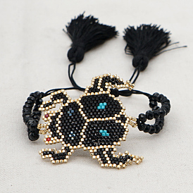 Glass Seed Braided Bead Bracelet with Double Tassel, Beetle Friendship Bracelet for Women