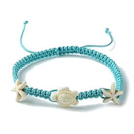 Ocean Theme Starfish Tortoise Synthetic Turquoise Beaded Anklets for Women, Nylon Cord Braided Adjustable Bracelets
