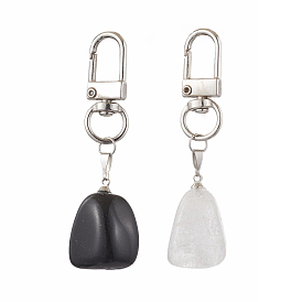 Nuggets Natural Black Agate & Quartz Crystal Pendant Decorations, Swivel Clasp Charms for Bag Ornaments
