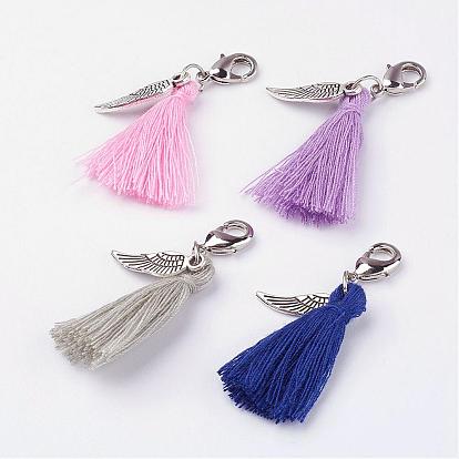 Cotton Thread Tassel Pendant Decorations, with Tibetan Style Pendants and Brass Lobster Claw Clasps