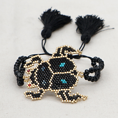Glass Seed Braided Bead Bracelet with Double Tassel, Beetle Friendship Bracelet for Women
