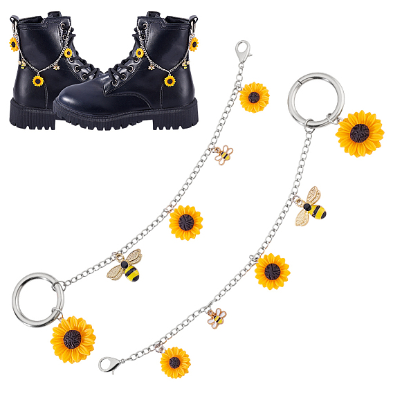 2шт. железные цепи для ремней для ботинок, с подвесками из сплава эмали и смолы, пчелы и подсолнечник