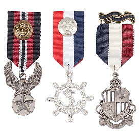 3Pcs 3 Style Alloy Pendant Lapel Pin, Men's Polyester Brooch, Antique Bronze & Platinum, Medal & Eagle & Helm with Anchor