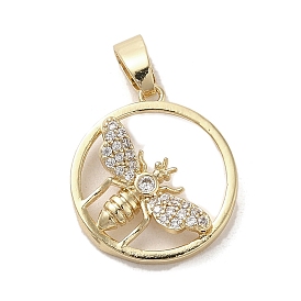 Brass Micro Pave Clear Cubic Zirconia Pendants, Long-Lasting Plated, Flat Round with Bees