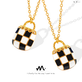 Niche design sense dripping oil black and white plaid small bag pendant necklace titanium steel gold-plated collarbone chain female