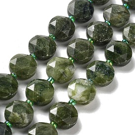 Natural Xinyi Jade/Chinese Southern Jade Beads Strands, with Seed Beads, Faceted Hexagonal Cut, Flat Round