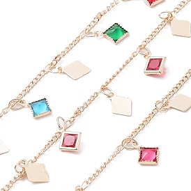 Handmade Brass Curb Chains, with Colorful Cubic Zirconia Rhombus Charms, Soldered, with Spool