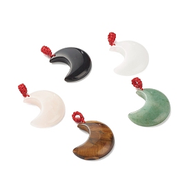 Natural Mixed Gemstone Pendants, with Red Nylon Thread Findings, Moon