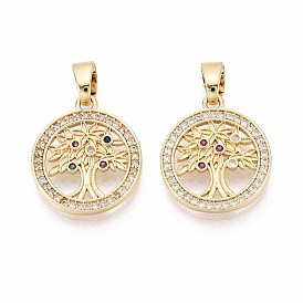 Латунные микро проложить кубического циркония подвески, плоские круглые с дерева жизни