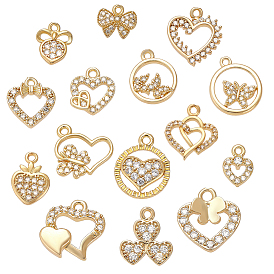 15Stk 15 Stile Messing Micro Pave Zirkonia Anhänger, gemischte Herzanhänger