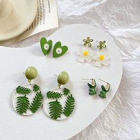 Green dripping oil dinosaur small earrings love daisy flower earrings geometric bow earrings Mori earrings