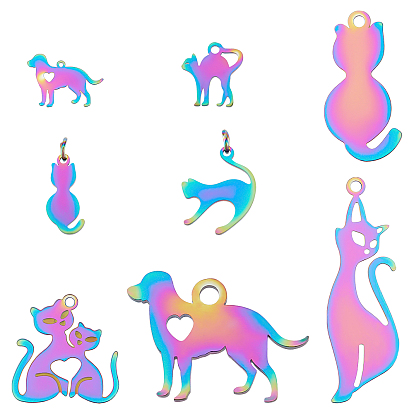 32Pcs 8 Style Ion Plating(IP) 201 Stainless Steel Kitten Pendants, with Jump Rings, Cat & Dog