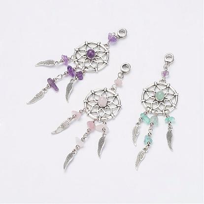 Alloy European Dangle Charms, with Gemstone, Large Hole Pendants, Woven Net/Web with Feather, Antique Silver