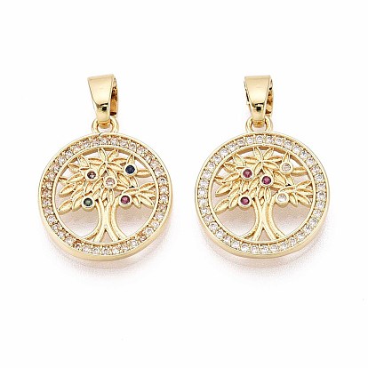 Латунные микро проложить кубического циркония подвески, плоские круглые с дерева жизни