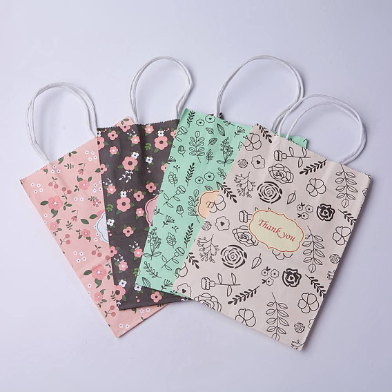 kraft Paper Bags, with Handles, Gift Bags, Shopping Bags, Rectangle, Flower Pattern