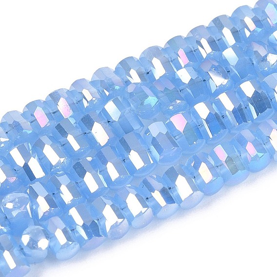 Гальванические стекляныне бусины, имитация нефрита, колонка, граненые, с покрытием AB цвета