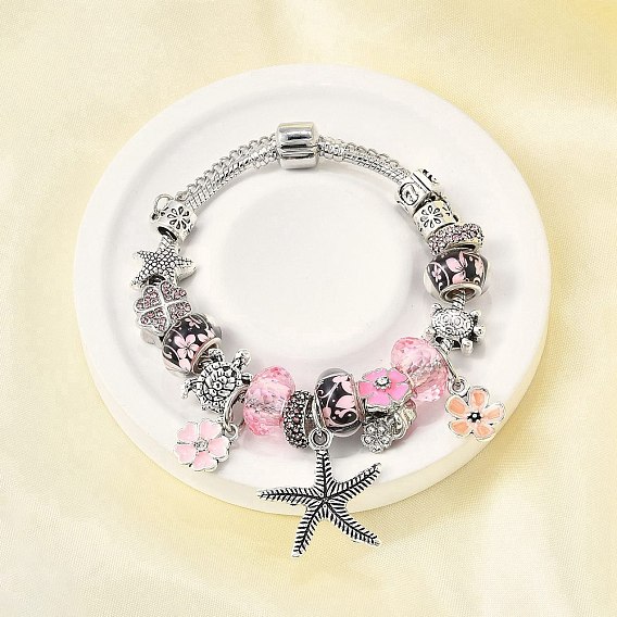 Сплав эмаль европейские бусины браслеты с подвесками, браслеты из змеиной цепи для женщин, морская звезда, цветок и морская черепаха, смолой и горный хрусталь, без свинца и без кадмия