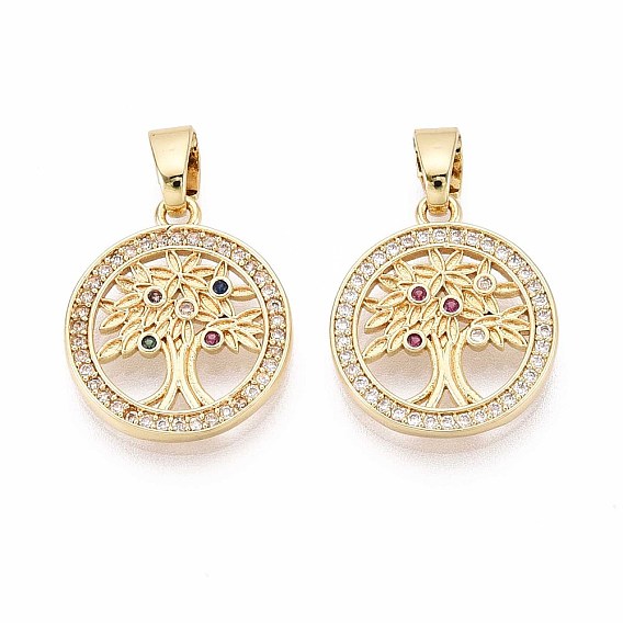Латунные микро проложить кубического циркония подвески, плоские круглые с дерева жизни