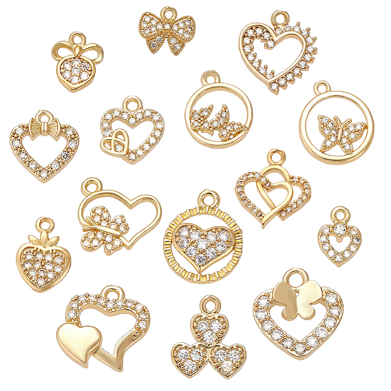 15 pcs 15 styles pendentifs en laiton micro pavé de zircone cubique, charmes en forme de cœur mélangés