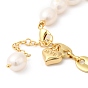 Rack Plating Brass Heart Charm Bracelet with Natural Pearl Beaded Chains, Cadmium Free & Lead Free