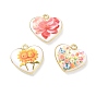 Printed Brass Pendants, Heart & Flower Pattern Charms, Rack Plating, Long-Lasting Plated, Lead Free & Cadmium Free, Real 18K Gold Plated