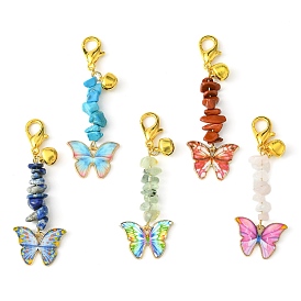Décoration pendentif papillon en alliage émaillé, éclats de pierres précieuses naturelles et synthétiques mélangées et breloques à fermoirs à pinces de homard