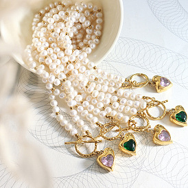 Vintage Romantic Green Zircon Heart Pendant Pearl Necklace for Women