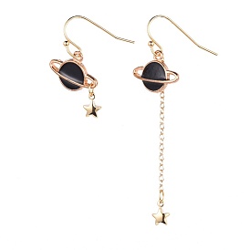 Alloy Enamel Dangle Stud Earrings, Asymmetrical Earrings, with Brass Findings, Planet