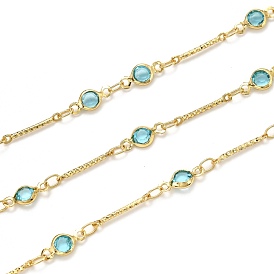 Handmade Brass Bar Link Chains, with Glass and Spool, Long-Lasting Plated, Soldered