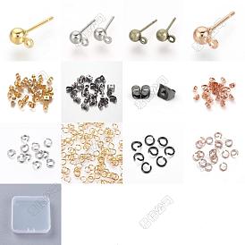 90pcs 3 boucles d'oreilles à tige en boule de fer de couleur, avec des boucles horizontales et des écrous d'oreille en pièces et des anneaux de saut ouverts en fer en pièces