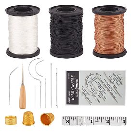 DIY Sewing Kits, with Aluminum Finger Thimbles, Carbon Steel Materials Leather Needle, Nylon Thread, Iron Sewing Thimbles, Wooden Awl Pricker Sewing Tool