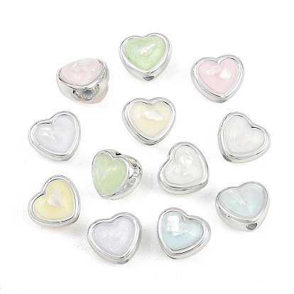 Platinum Plated Opaque Acrylic Beads, Heart, with Glitter Powder