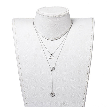 Flat Round with Ohm Lariat Necklaces & Triangle Pendant Necklaces Sets, with 304 Stainless Steel Charms, Cable Chains and Clasps