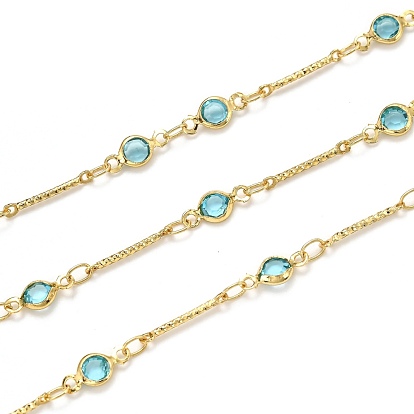 Handmade Brass Bar Link Chains, with Glass and Spool, Long-Lasting Plated, Soldered
