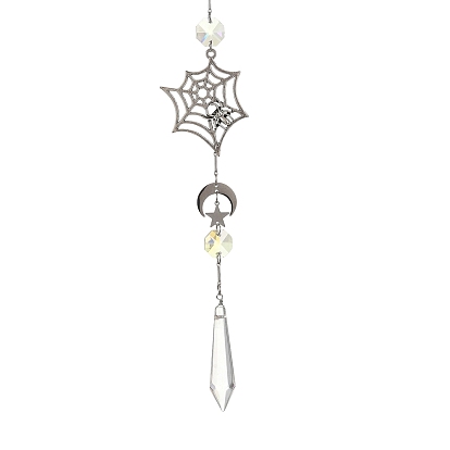 Spider Web Moon Star Alloy & Stainless Steel Suncatcher, Glass Cone Pendant Prism Crystal Window Hanging Ornament for Home Garden Decor