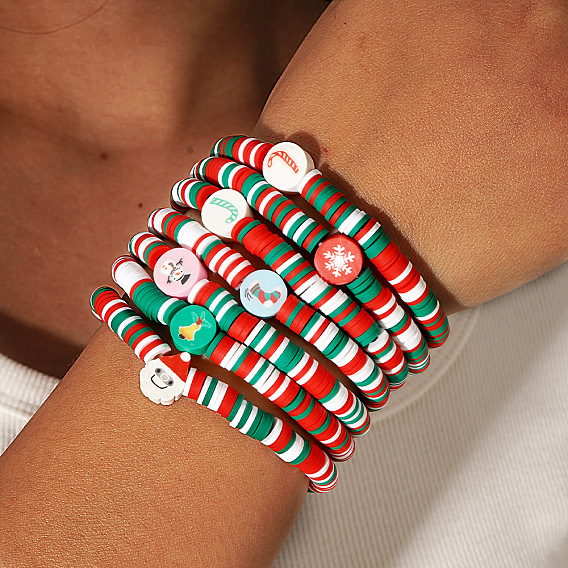 Рождественские браслеты из полимерной глины в стиле хейши и акриловых бусин, эластичные, для женщин., плоско-круглые
