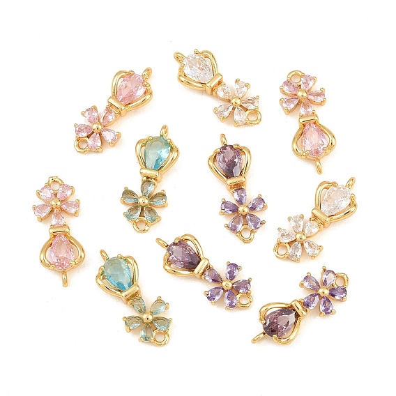 Breloques de connecteur en laiton pavé de zircone cubique, liens de couronne de fleurs, plaqué longue durée