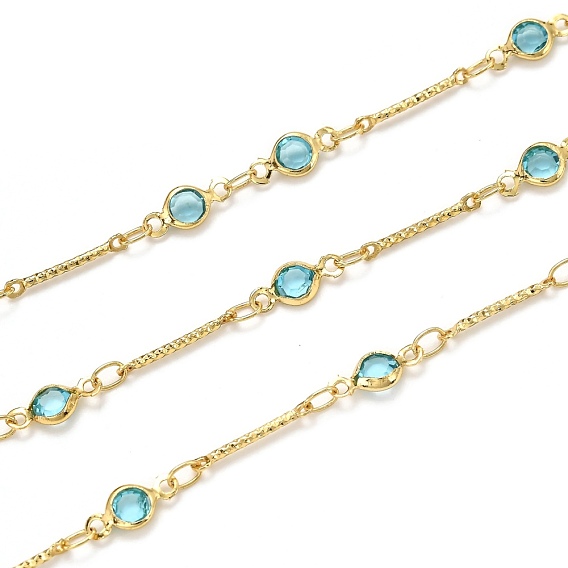 Handmade Brass Bar Link Chains, with Glass and Spool, Long-Lasting Plated, Soldered