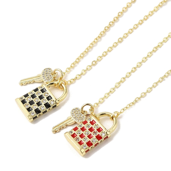 Кулон из микро-паве из латуни с цирконом, с эмалью, замком и ключом, реальный 18 k позолоченный