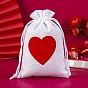 Burlap Heart Print Packing Pouches, Drawstring Bags, for Presents, Valentine's Day Party Favor Gift Bags, Rectangle
