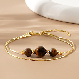 Natuarl Tiger Eye Multi-strand Bracelets, Unique Design Brass Jewelry for Women