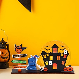 Halloween Party Ornaments, Wood Haunted House Figurines for Home Desktop Decoration