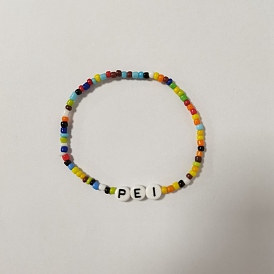 Glass Seed Beaded Stretch Bracelet with Word Pei Acrylic Beads for Women