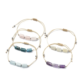 5Pcs 5 Style Natural Mixed Gemstone Column Braided Bead Bracelets Set, Nylon Threads Adjustable Bracelets for Women