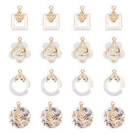24 шт 4 стиль подвески из гальванического стекла, с легкой позолоченной латунной фурнитурой, граненые, цветок/кольцо/прямоугольник/плоский круглый